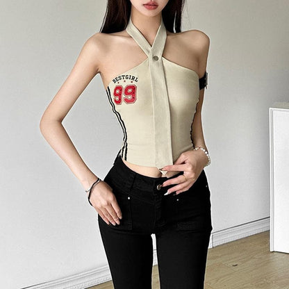 Halter button “99” pattern contrast backless crop top