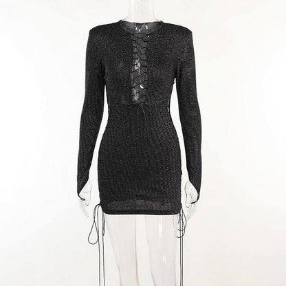 Crew Neck Long Sleeve Front Lace Up Side Lace Up Glitter Knit Mini Dress