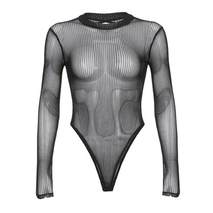 Long sleeve sheer mesh striped bodysuit