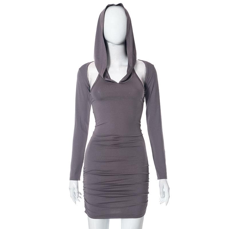 Hooded Cold Shoulder Ruched Long Sleeve Bodycon Mini Dress