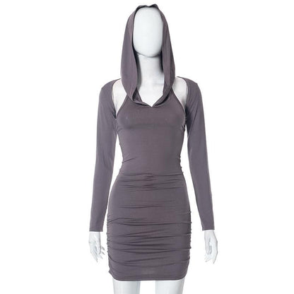 Hooded Cold Shoulder Ruched Long Sleeve Bodycon Mini Dress