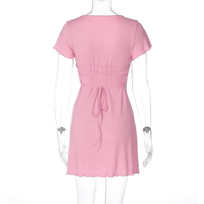 Short sleeve u neck ribbed knotted mini dress