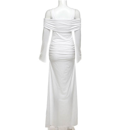 Long sleeve square neck ruched cami maxi dress