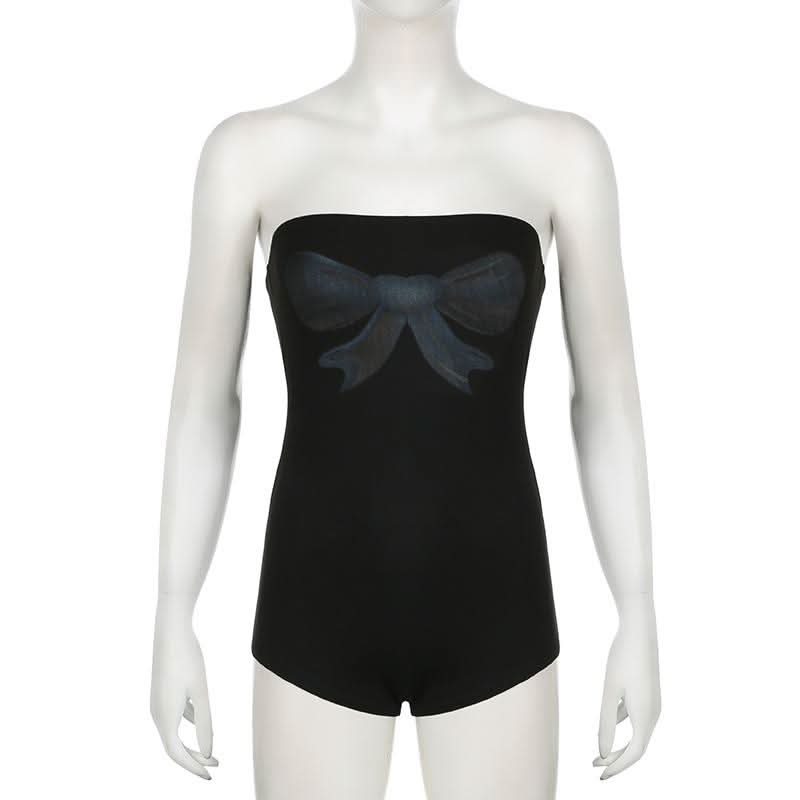 Bowknot print backless tube romper