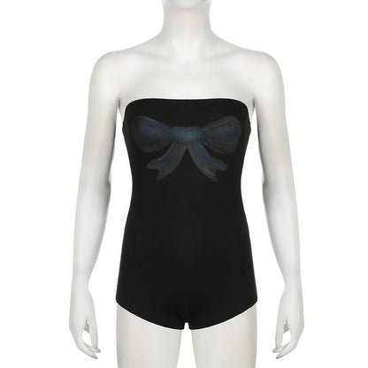 Bowknot print backless tube romper