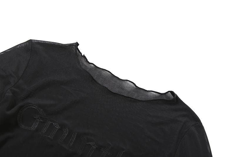 Long sleeve round neck letter sheer mesh top