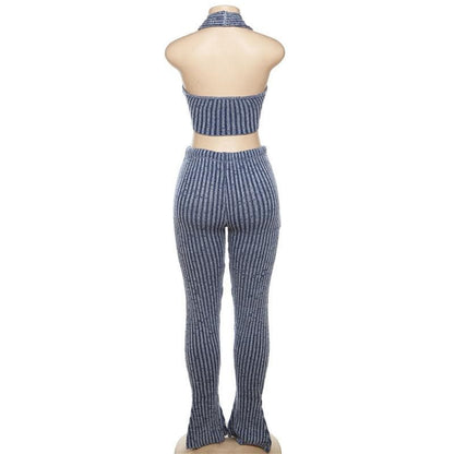 Textured striped contrast halter slit pocket v neck pant set