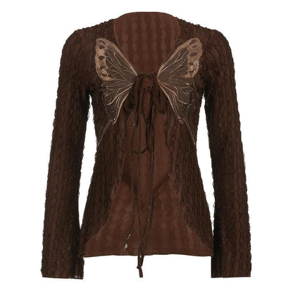Textured butterfly pattern self tie long sleeve v neck crop top