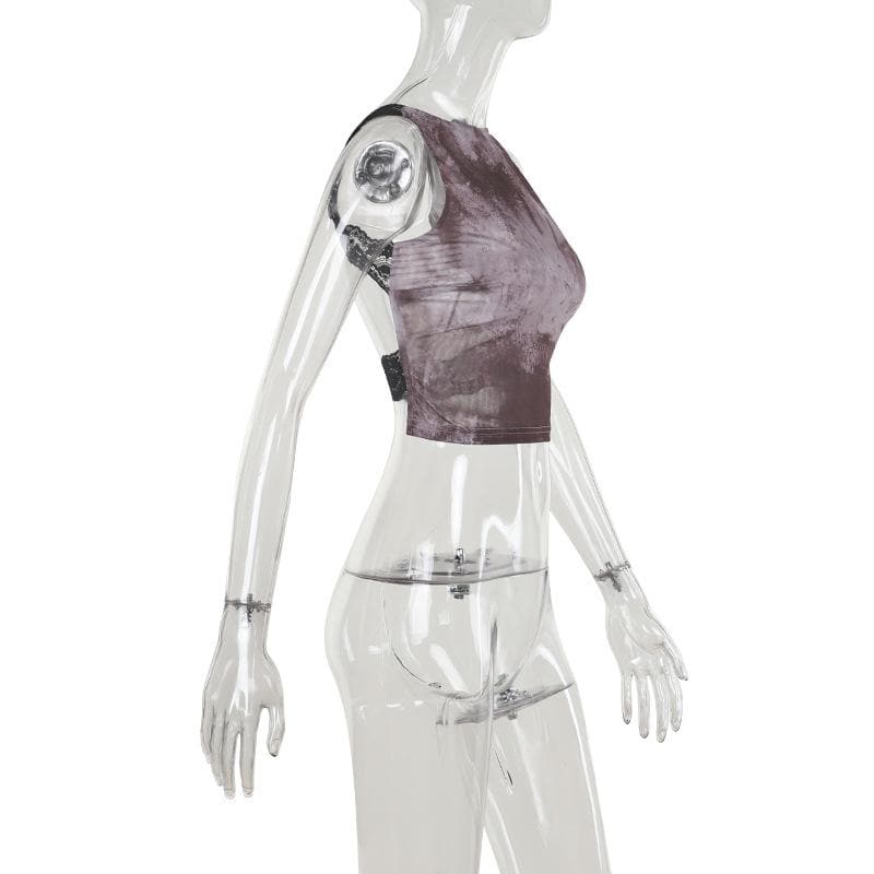 Lace hem tie dye backless contrast top