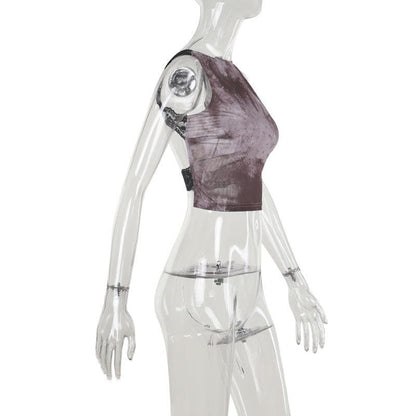 Lace hem tie dye backless contrast top