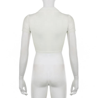 Knotted short sleeve turnover collar sheer mesh see through crop top