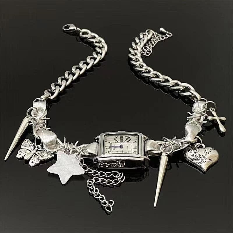 Clock star heart butterfly rivet choker necklace