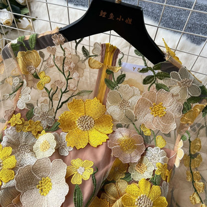 Crewneck short sleeve flower embroidery zip-up maxi dress