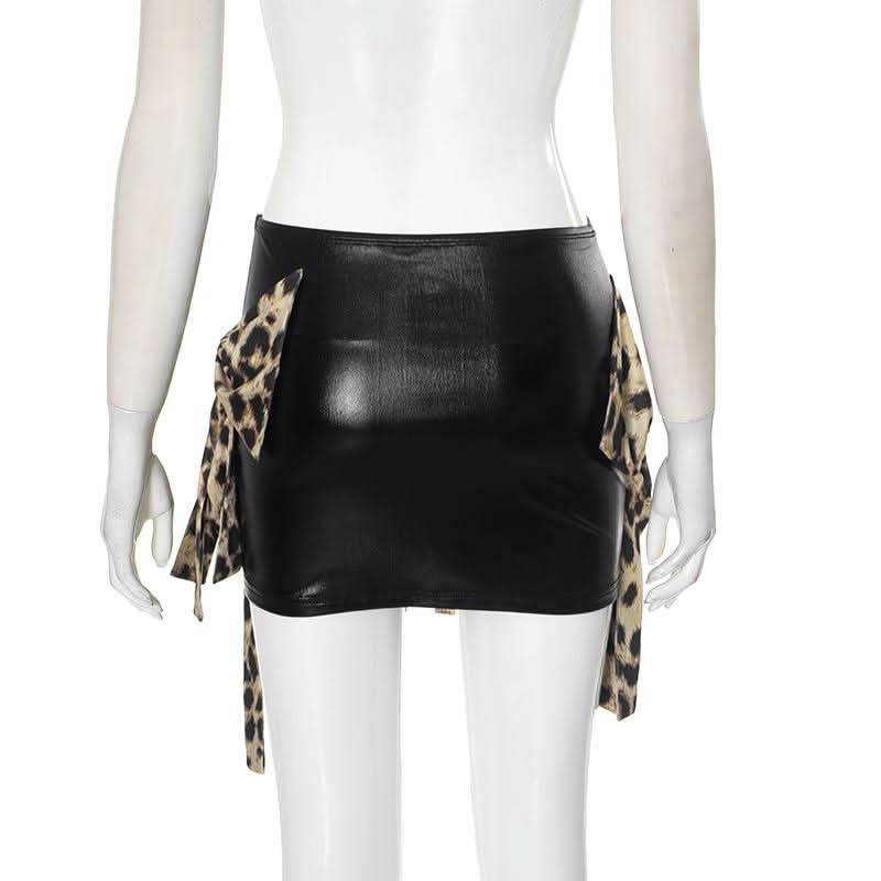 Leopard print bowknot PU leather contrast mini skirt