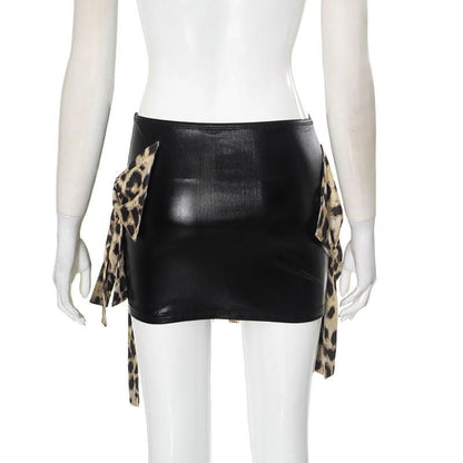 Leopard print bowknot PU leather contrast mini skirt