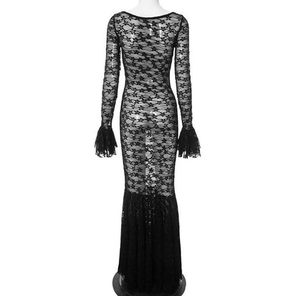 Long flared sleeve lace see through ruched maxi dress