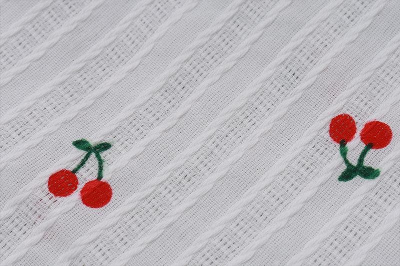 Halter fruit print button ruffle knotted textured top