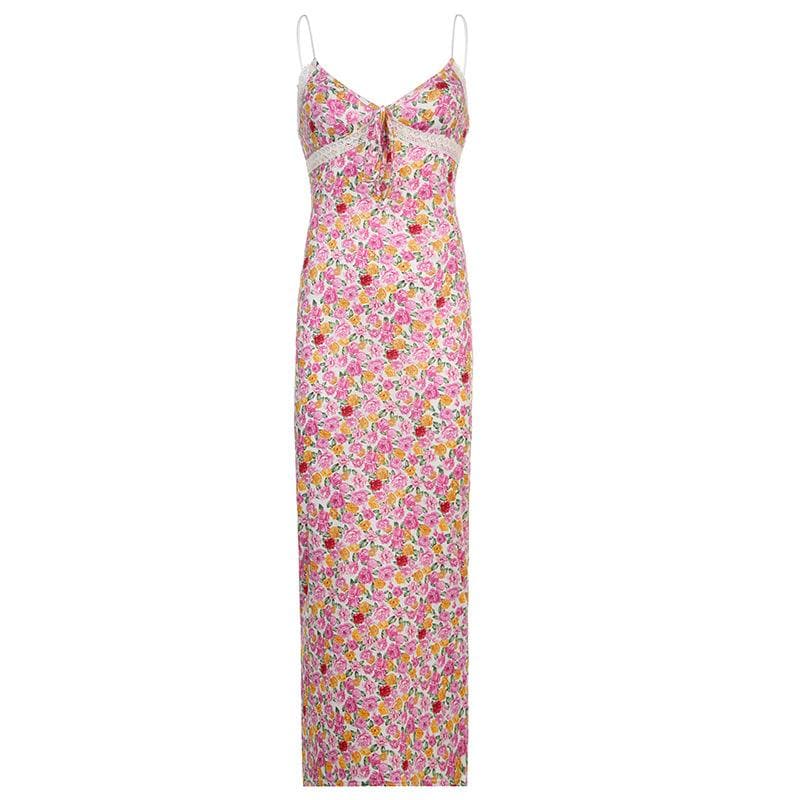 Floral Print V Neck Keyhole Tie Lace Trim Spaghetti Strap Cami Maxi Dress