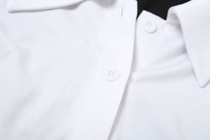 Turnover collar long sleeve button patchwork belt top
