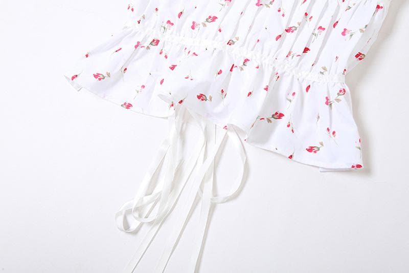 Flower print contrast ruched backless self tie halter top