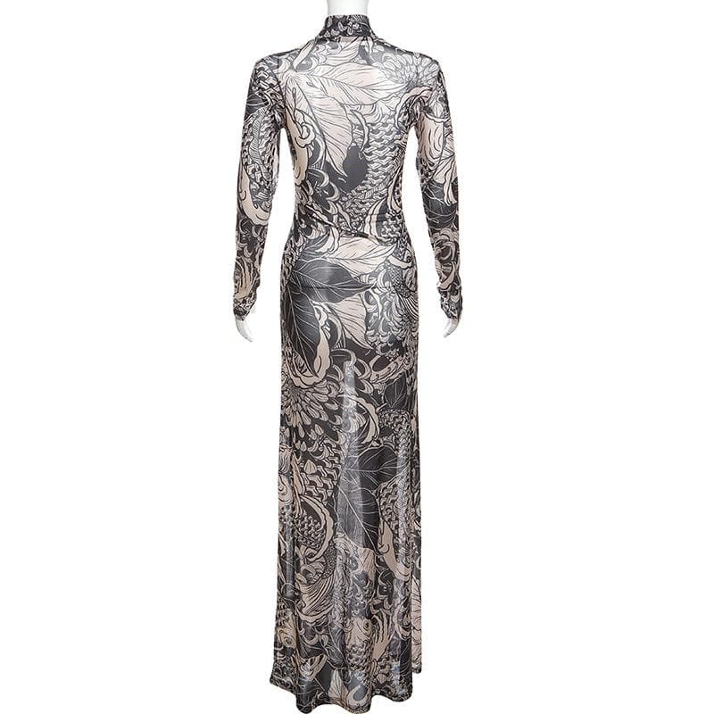 Sheer mesh see through abstract long sleeve high neck maxi dress