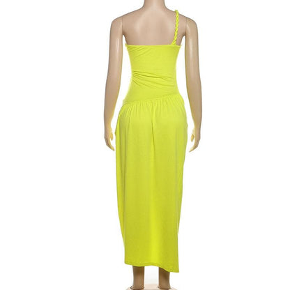 One shoulder slit ruched hollow out cut out midi dress
