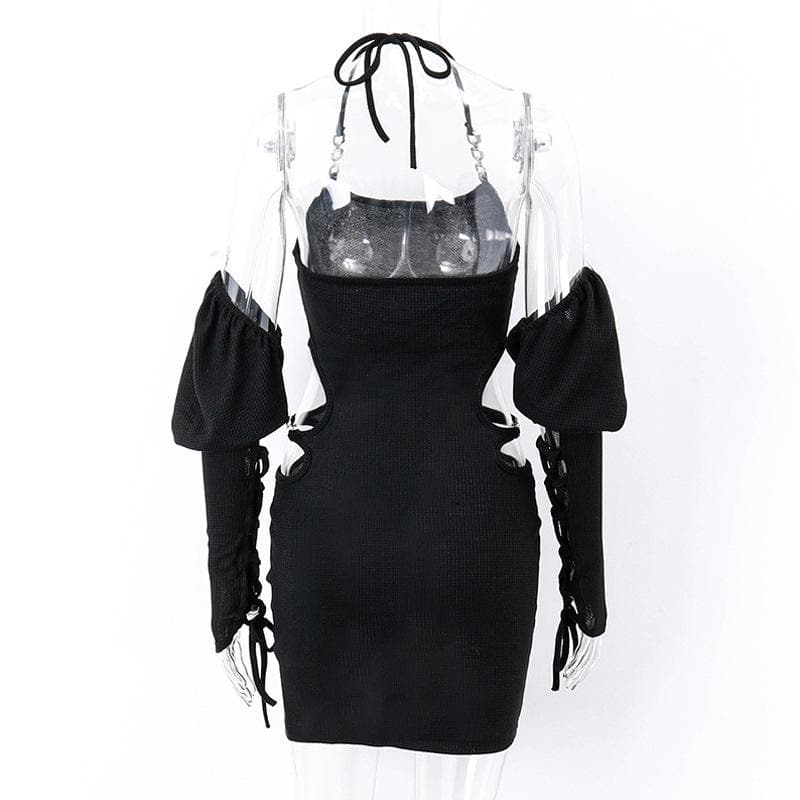 Halter Chain Strap Side Scalloped Cutout Puff Sleeve Lace Up Mini Dress