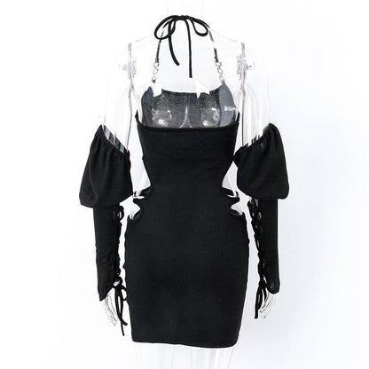 Halter Chain Strap Side Scalloped Cutout Puff Sleeve Lace Up Mini Dress