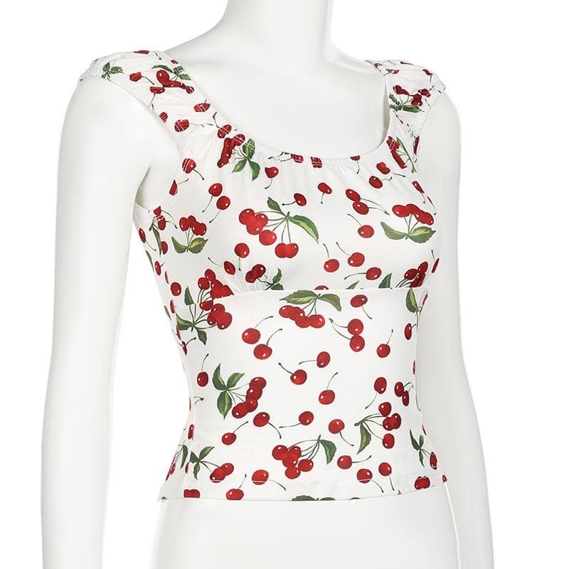 Cap sleeve u neck cherry print lace up top