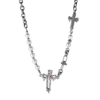 Faux pearl beaded cross decor necklace