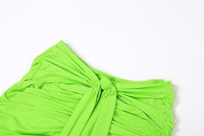 Hollow out solid ruched low cut self tie cami bodysuit mini skirt set-final-sale
