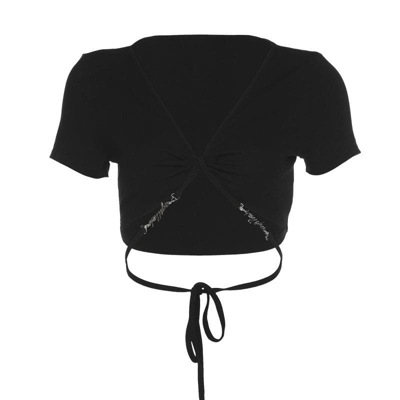 Short sleeve v neck metal letter self tie back crop top
