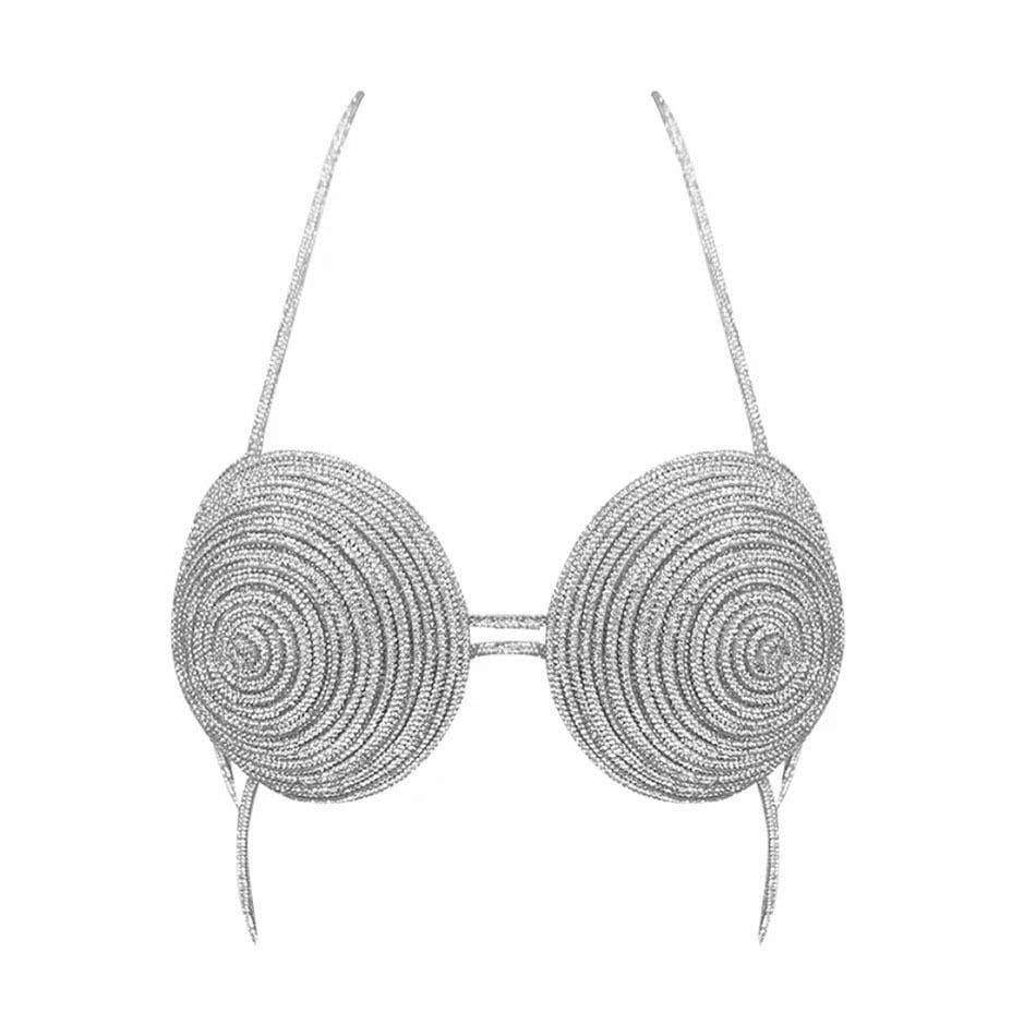 Halter beaded metal chain contrast bra top