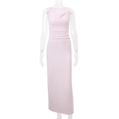 Cowl neck ruched solid tank maxi dress