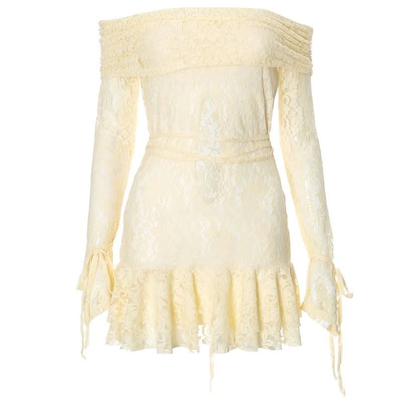 Long sleeve off shoulder lace self tie hollow out cut out mini dress