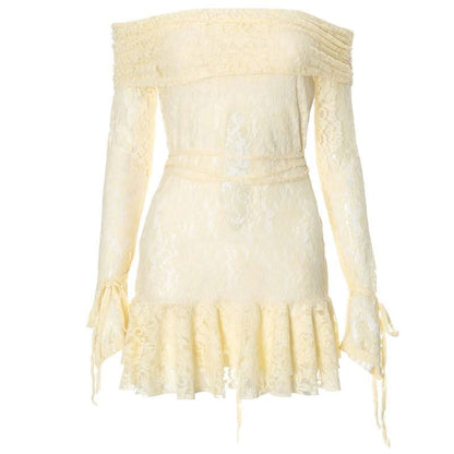 Long sleeve off shoulder lace self tie hollow out cut out mini dress