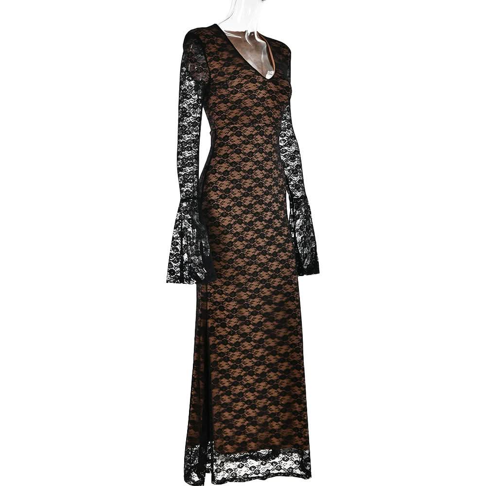 Long flared sleeve lace v neck patchwork maxi dress
