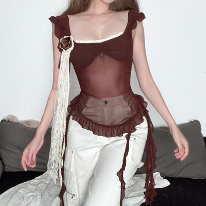 Flower applique lace hem mesh irregular cami top