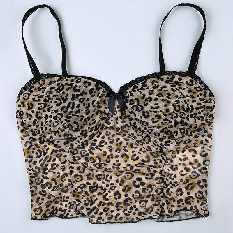 Bowknot leopard print mesh lace hem cami top