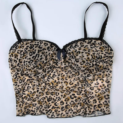 Bowknot leopard print mesh lace hem cami top