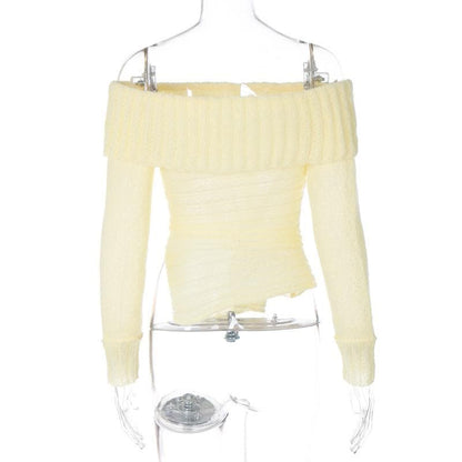 Long sleeve off shoulder bowknot ribbon ruffle ribbed knitted top