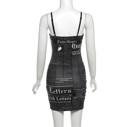 V neck letter print backless cami mini dress