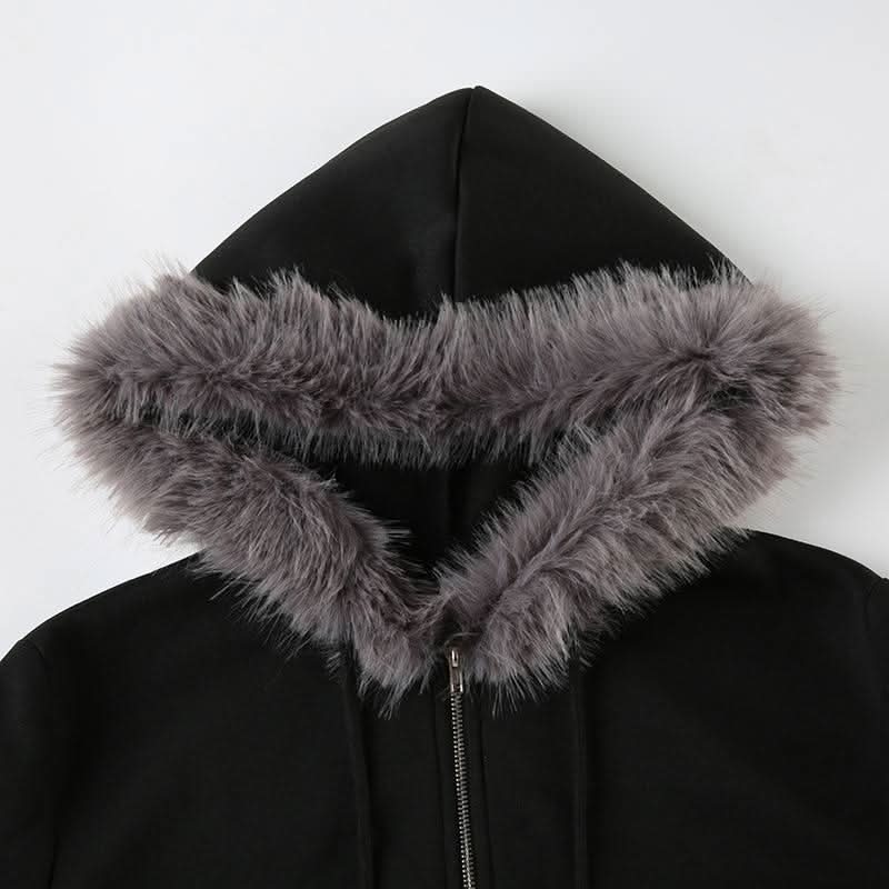 Hoodie long sleeve fluffy zip-up coat top