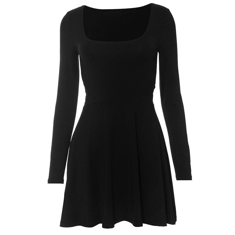 Square Neck Long Sleeve Lace Up Flared Skater Mini Dress