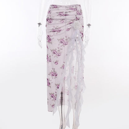 Sheer mesh see through flower print ruched slit midi skirt