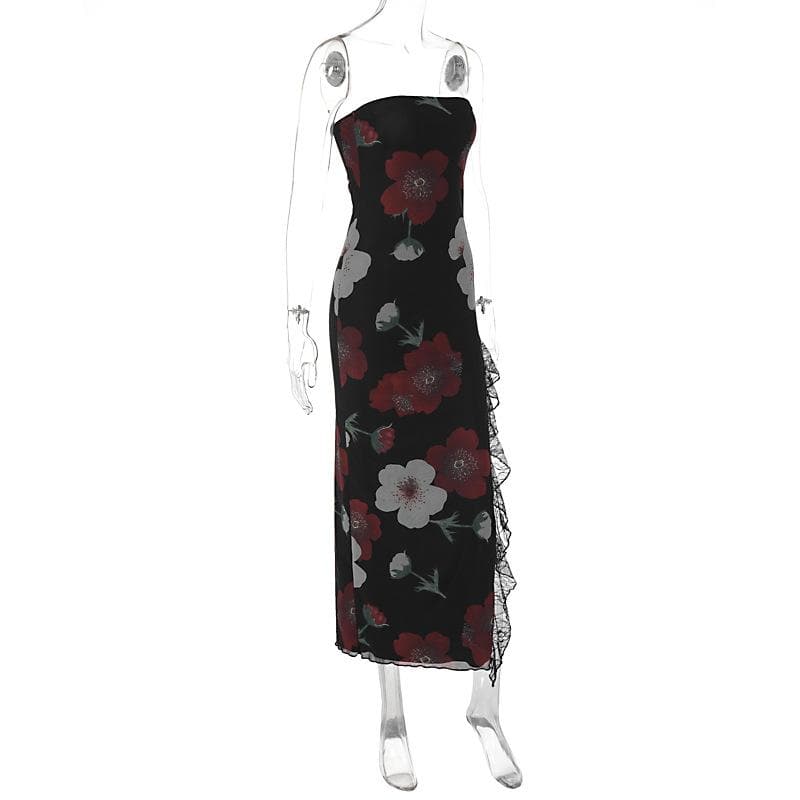Floral Print Strapless Tube Neck Lace Trim Thigh Slit Maxi Dress