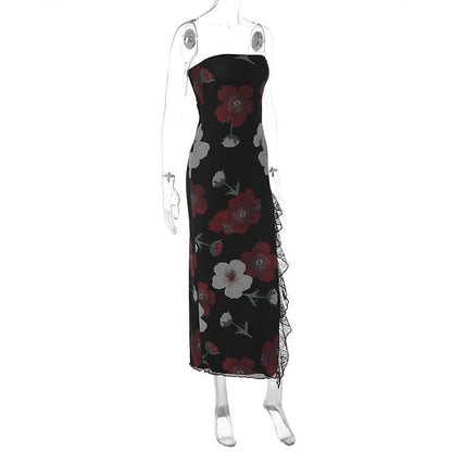Floral Print Strapless Tube Neck Lace Trim Thigh Slit Maxi Dress