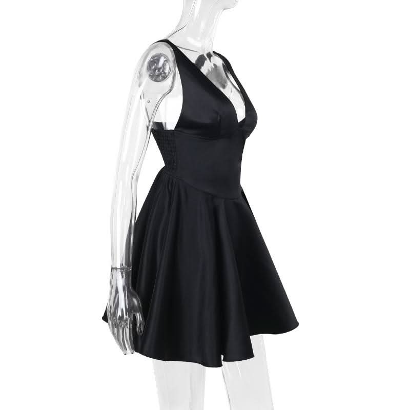 Smocked deep V neck backless cami mini dress