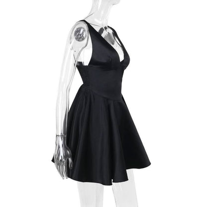 Smocked deep V neck backless cami mini dress
