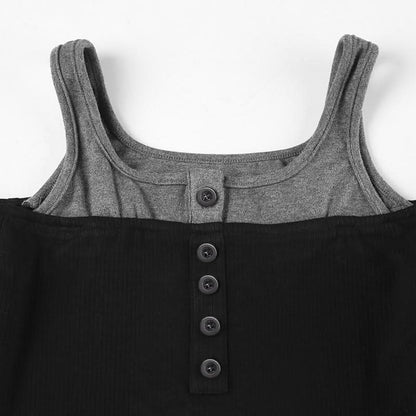 Off shoulder long sleeve contrast button top